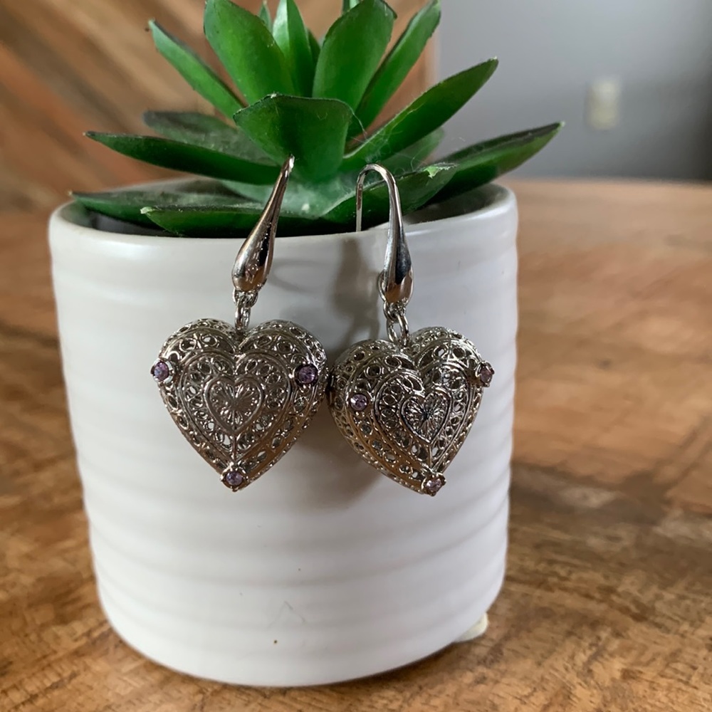 Zoppini Silver Heart Earrings with Light Purple Rhinestones